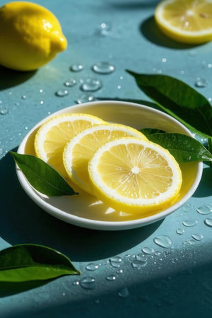 Slices of lemon with green leaves on a blue background.の写真素材