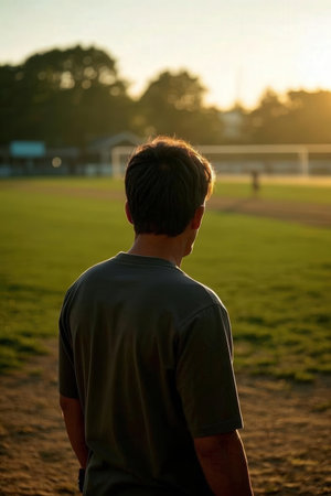 Back view of a young man looking at the field during sunset.の写真素材