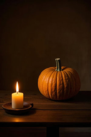 Pumpkin and burning candle on a wooden table. Halloween background.の写真素材