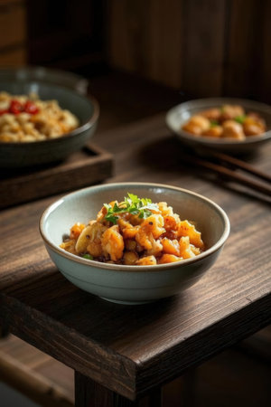 Pumpkin risotto with tomato sauce in a bowl on a wooden tableの写真素材