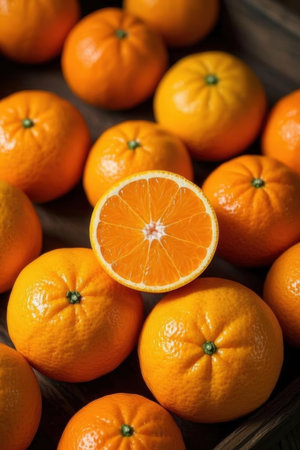 Oranges in a wooden box on a wooden background. Close-up.の写真素材