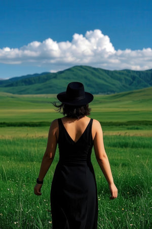 Young woman in black dress and hat walking on green meadow.の写真素材