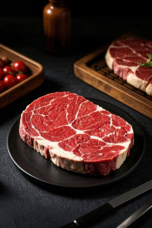 Raw fresh beef steak on black plate over black slate, stone or concrete background.