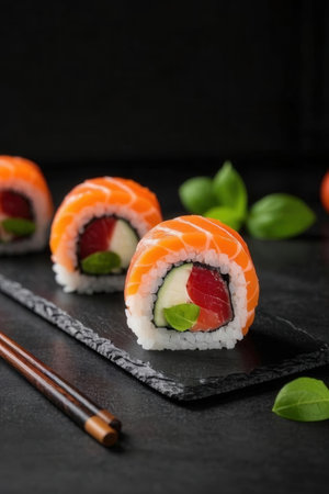 Sushi roll with salmon, avocado and cream cheese on a black backgroundの写真素材