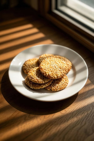 Sesame cookies on a white plate on a window sill in sunlightの写真素材