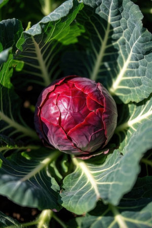 Red cabbage growing in the garden. Cabbage close-up.の写真素材