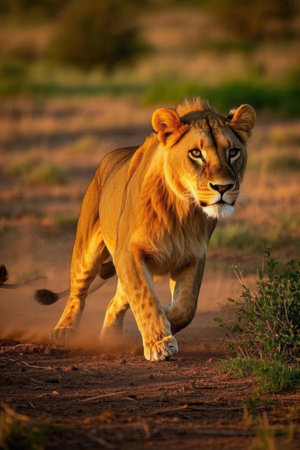 Lion walking towards camera in Kruger National Park, South Africa; Specie Panthera leo family of Felidaeの写真素材