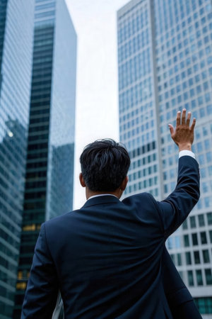 Businessman standing in front of skyscrapers and raising his handの写真素材