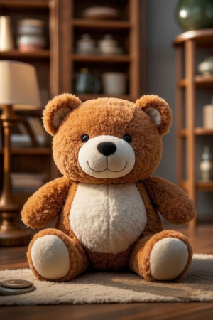 Teddy bear in the living room at home. Selective focus.