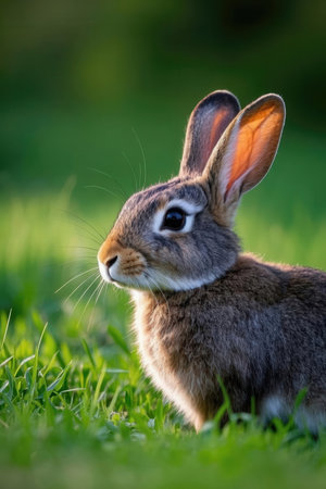 Rabbit on green grass in sunny day, close-up.