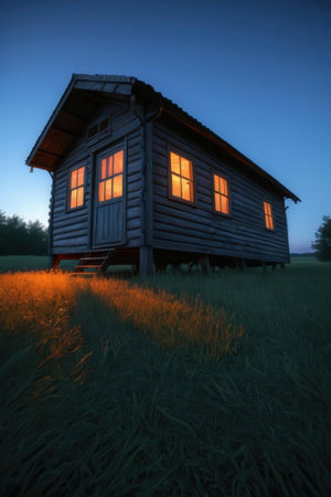 Old wooden house in the meadow at sunset. Vintage style.の写真素材