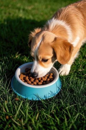 Cute puppy dog eating dry food from a bowl on green grassの写真素材