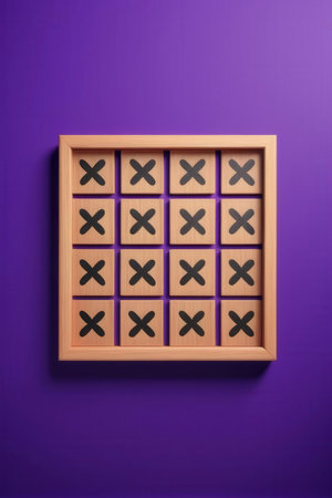 Wooden board game on purple wall. Tic tac toe game