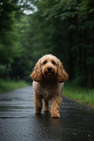 English Cocker Spaniel standing in the rain on the asphalt road