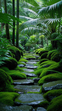 Stone walkway in a tropical garden with green moss and fern