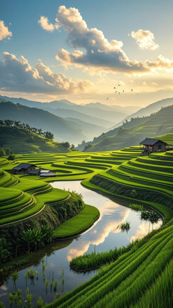 Rice fields on terraced of Mu Cang Chai, YenBai, Vietnamの写真素材