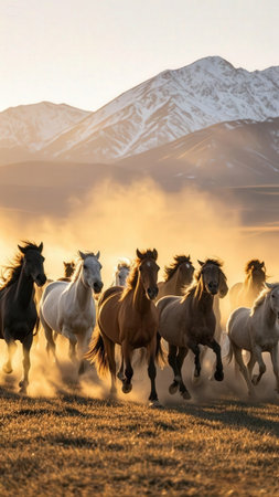 Wild horses running in a meadow at sunset with mountains in the backgroundの写真素材