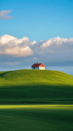 Beautiful spring landscape with a small house on a green hill.の写真素材