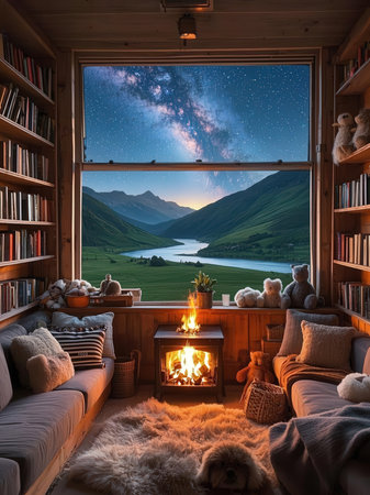 Night view from the window of a cozy room with a fireplace and a bookcaseの写真素材