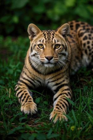 Portrait of a big cat on the green grass in the park