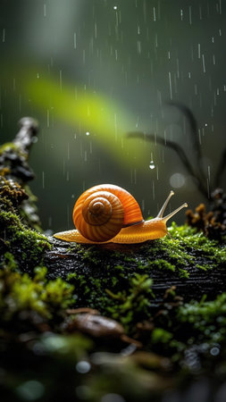 Snail crawling on moss in rain. Rainy day concept.の写真素材