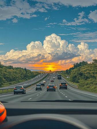 Car driving on the highway at sunset. Highway in the evening.