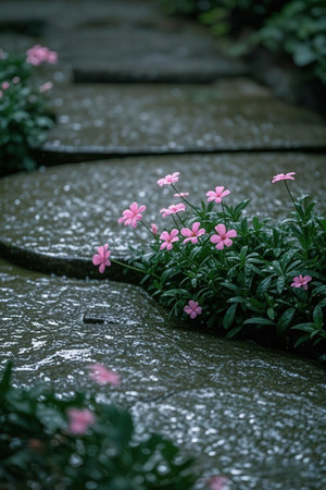 pink flowers in the garden with raindrops on the stone pathの写真素材