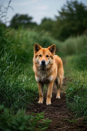Portrait of a beautiful red dog standing on a path in the fieldの写真素材