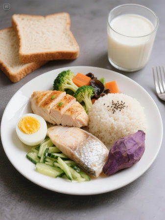 Healthy lunch with steamed chicken, rice, vegetablesの写真素材
