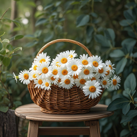 Bouquet of daisies in a wicker basket on a wooden chair.の写真素材
