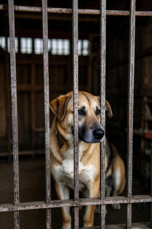 Sad dog behind the bars of an animal shelter. Selective focus.の写真素材
