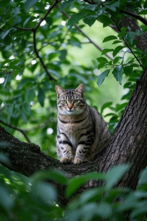 European Shorthair cat sitting on a tree branch in the forest