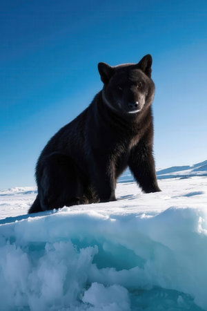 Black bear sitting on the ice of the Arctic Circle in the winterの写真素材