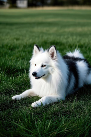 White and black Samoyed dog lying on the green grass.