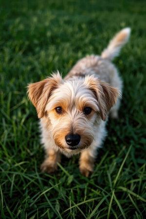 Cute puppy of Yorkshire Terrier standing on the green grass.