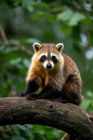 Portrait of a raccoon sitting on a tree branch in the forestの写真素材