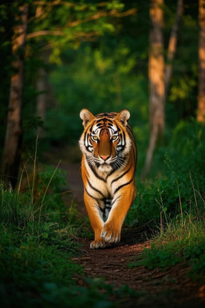 Tiger walking in the forest. Panthera tigris altaicaの写真素材