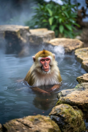 Japanese monkey in a hot spring at Kamakura, Kanagawa Prefectureの写真素材