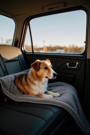 Cute dog sitting in the back seat of a carの写真素材