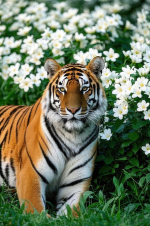 Tiger on the grass with white flowersの写真素材