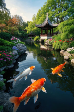 Koi fish in japanese garden with beautiful nature background.の写真素材