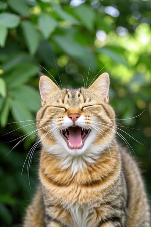 Portrait of a beautiful tabby cat yawning in the garden.の写真素材
