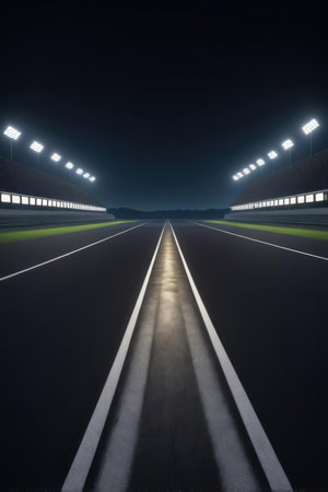 Empty asphalt road at night in the light of the headlightsの写真素材