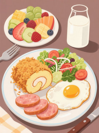 Breakfast with fried eggs, fruits and vegetables. Vector illustration.の写真素材