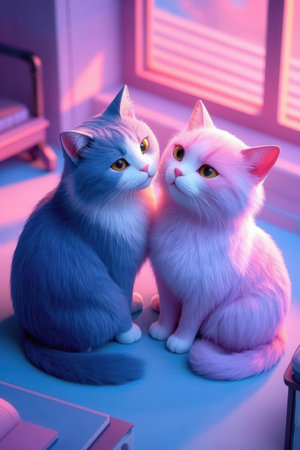 two cats in the room, pink and blue light, tonedの写真素材