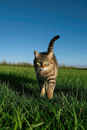tabby cat running on green grass with blue sky in the backgroundの写真素材