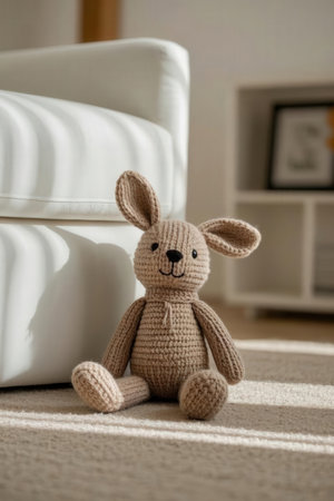 Cute knitted toy bunny sitting on the floor in living roomの写真素材