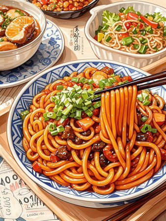 Noodles with beef and vegetables in a bowl on the tableの写真素材