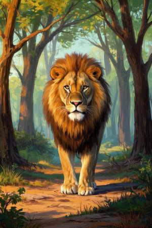 Digital painting of a lion in the forest, digital painting of a lionの写真素材