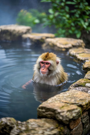 Japanese macaque (Macaca fuscata) in a hot spring.の写真素材